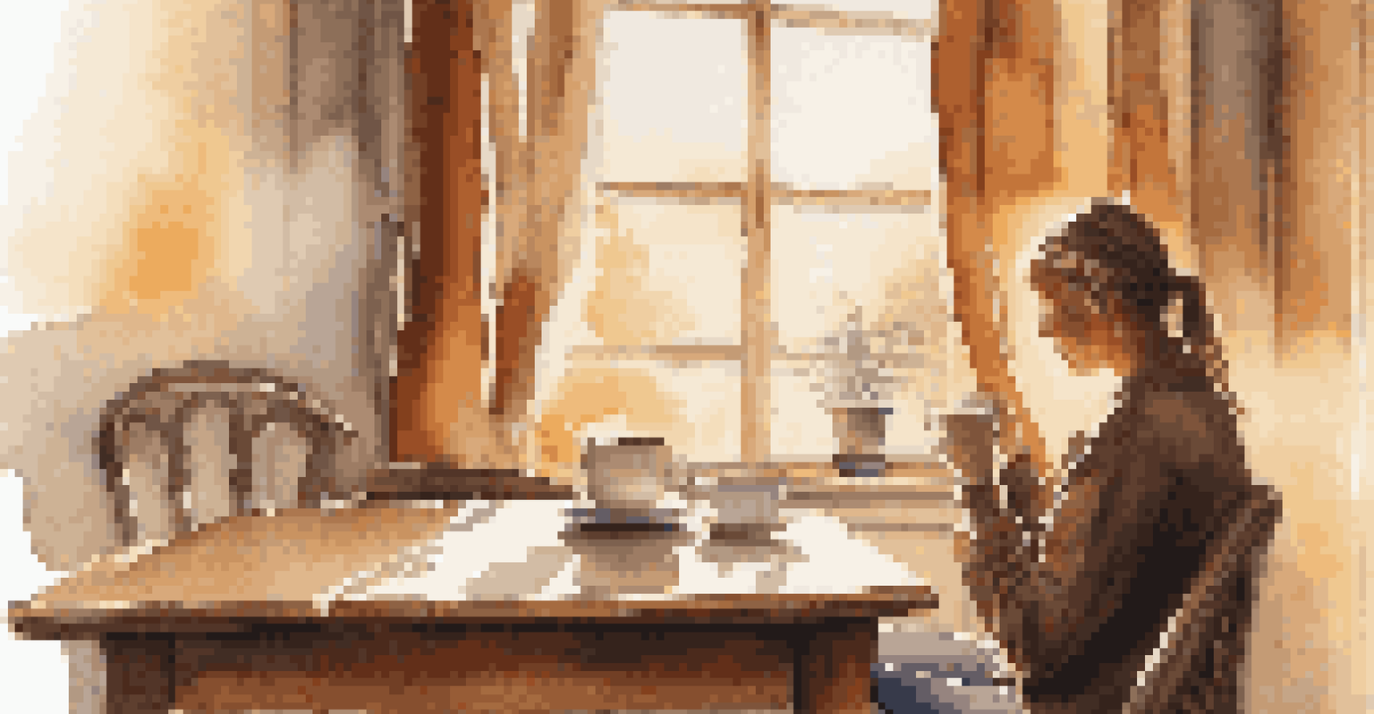 A person enjoying coffee at a table in a warm, sunlit room.