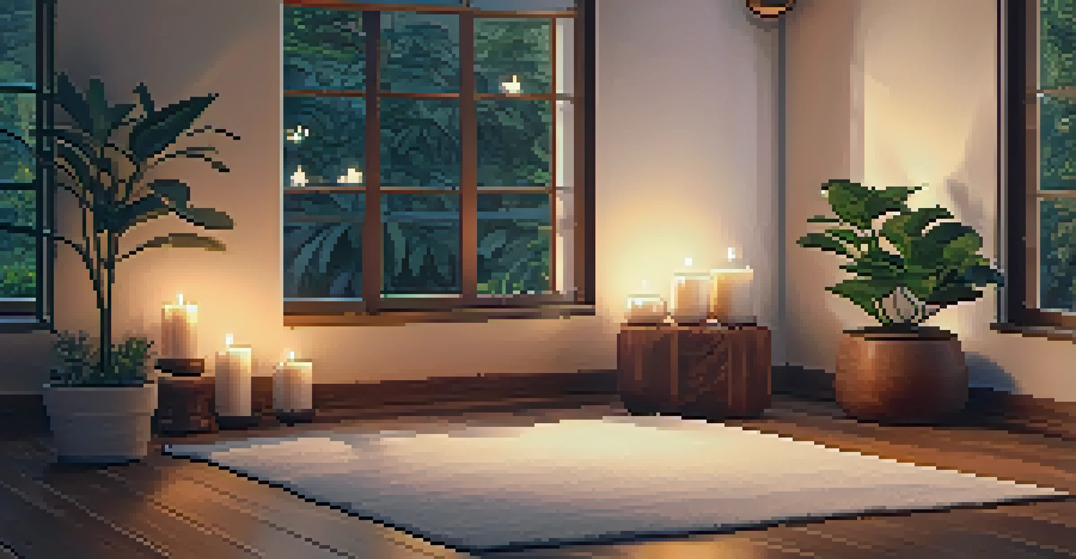 A cozy meditation corner with a cushion, candles, and plants, illuminated by warm light, creating a tranquil atmosphere.