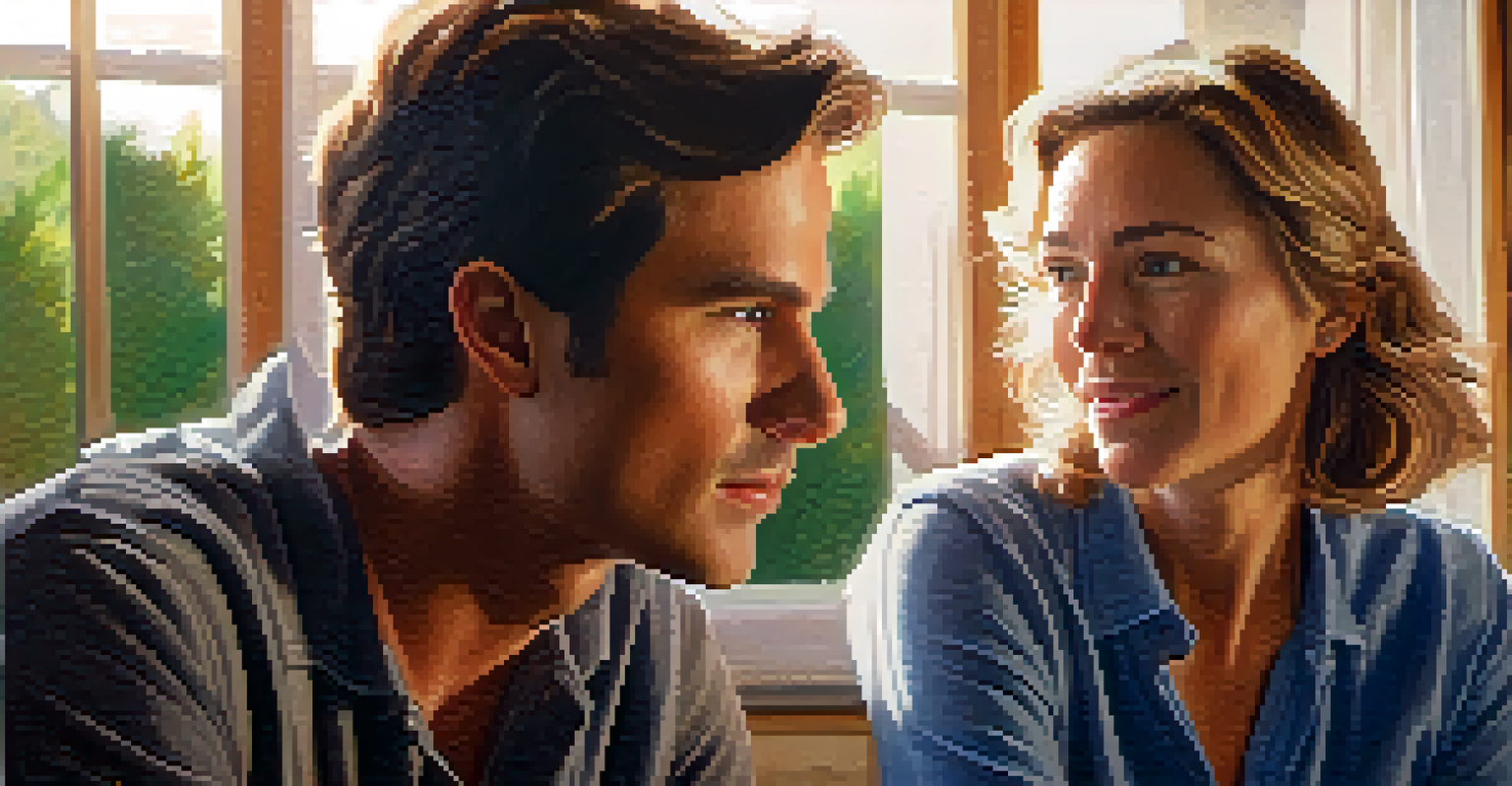 Close-up of two family members making eye contact and engaging in a conversation.
