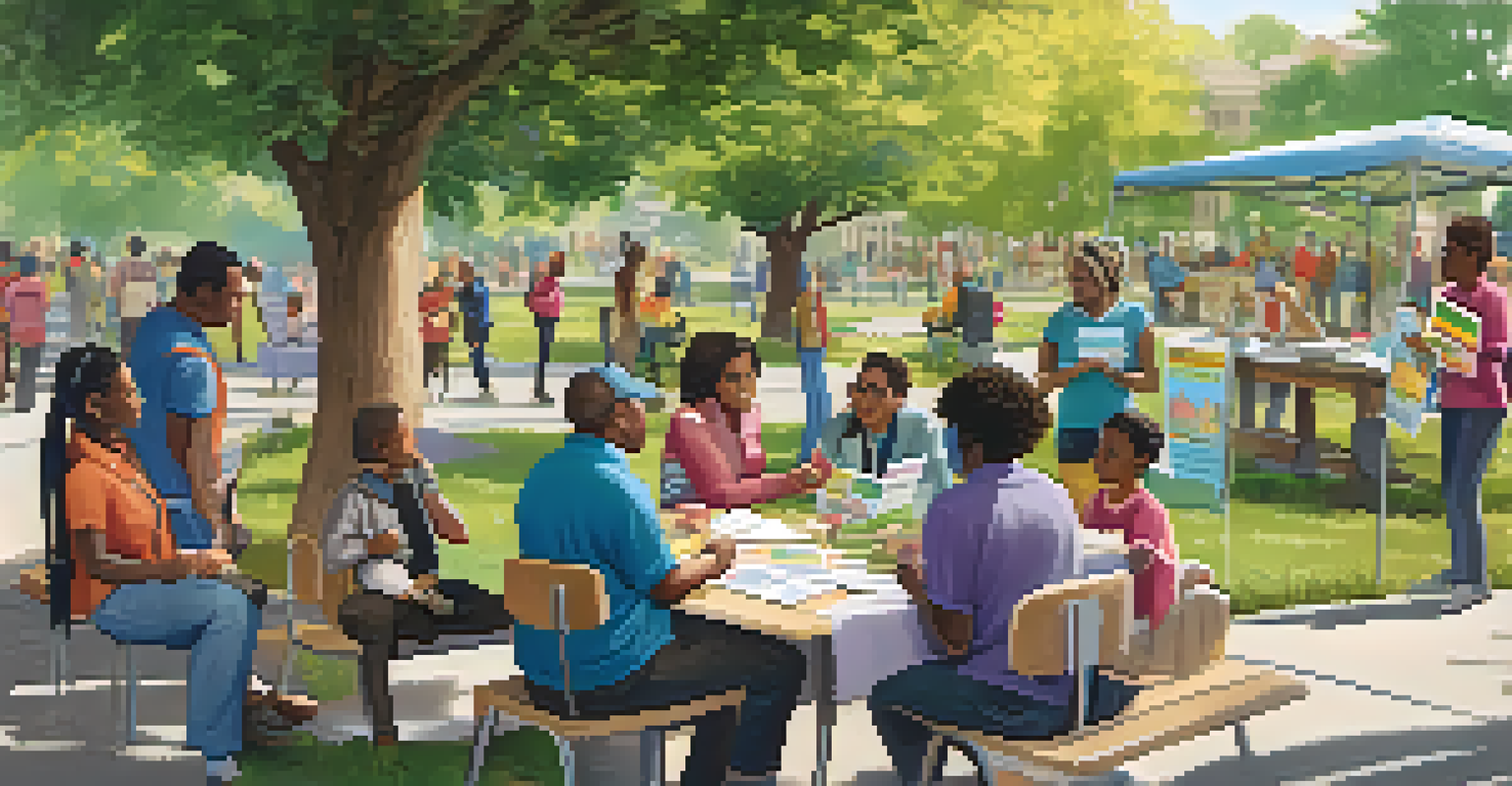 A community health worker interacting with a diverse group of individuals in a park, promoting health literacy with pamphlets and banners.