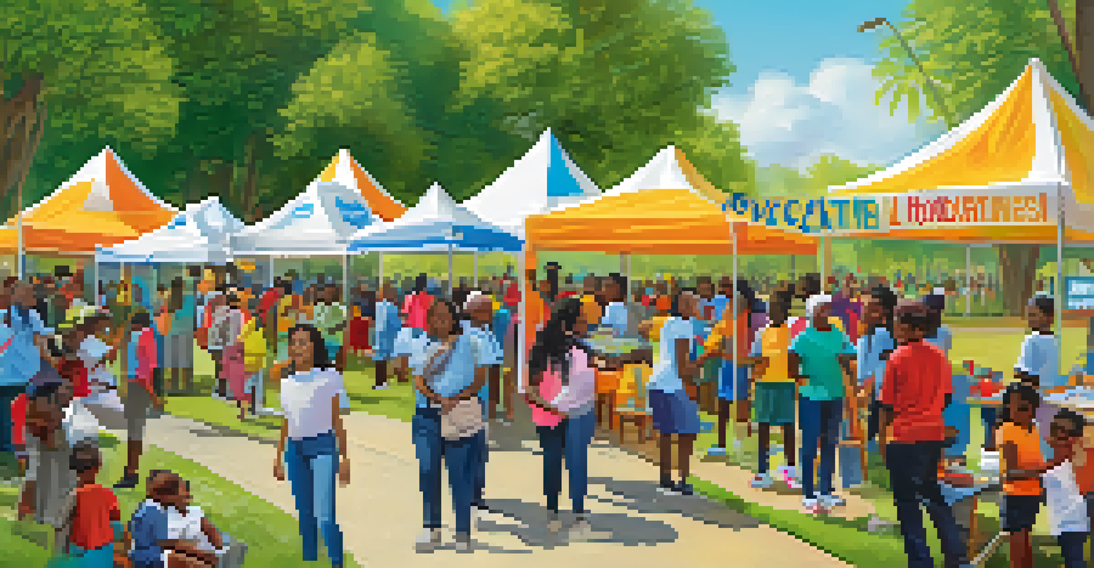 A diverse group of community members in a local park for a health awareness event, with banners, interactive booths, and children participating in fun activities.