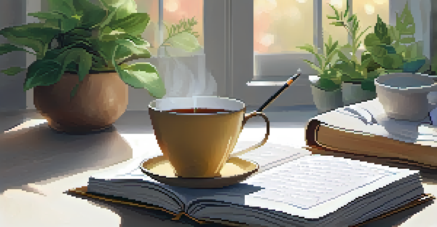 An open journal detailing emotional awareness, with a cup of tea and a pen beside it, set in a cozy environment.