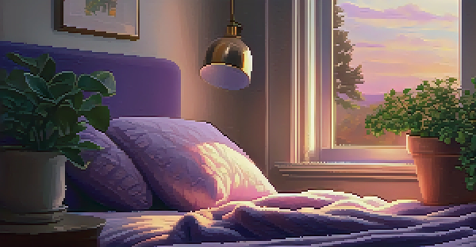 A warm and inviting bedroom with a cozy bed, soft lighting, and a view of a twilight sky.