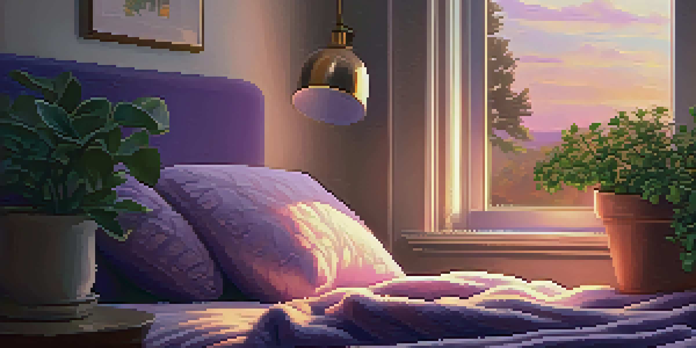 A warm and inviting bedroom with a cozy bed, soft lighting, and a view of a twilight sky.