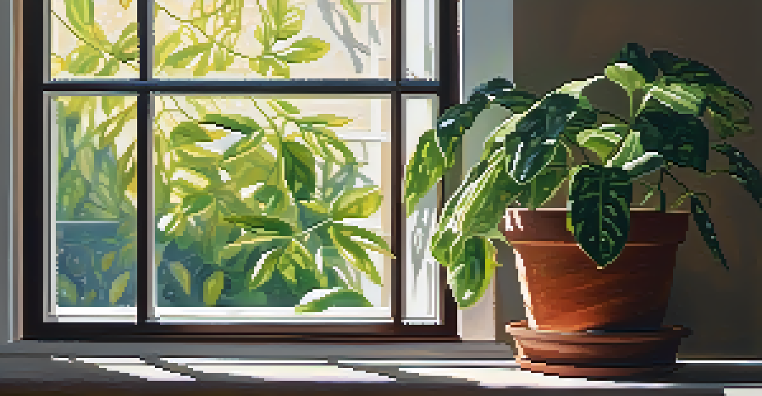 A close-up of a bright window with a potted plant, illuminated by sunlight creating patterns on the wall.