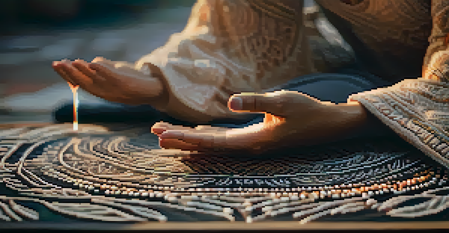 Close-up of hands in a meditative gesture on a yoga mat, surrounded by natural elements and warm lighting.