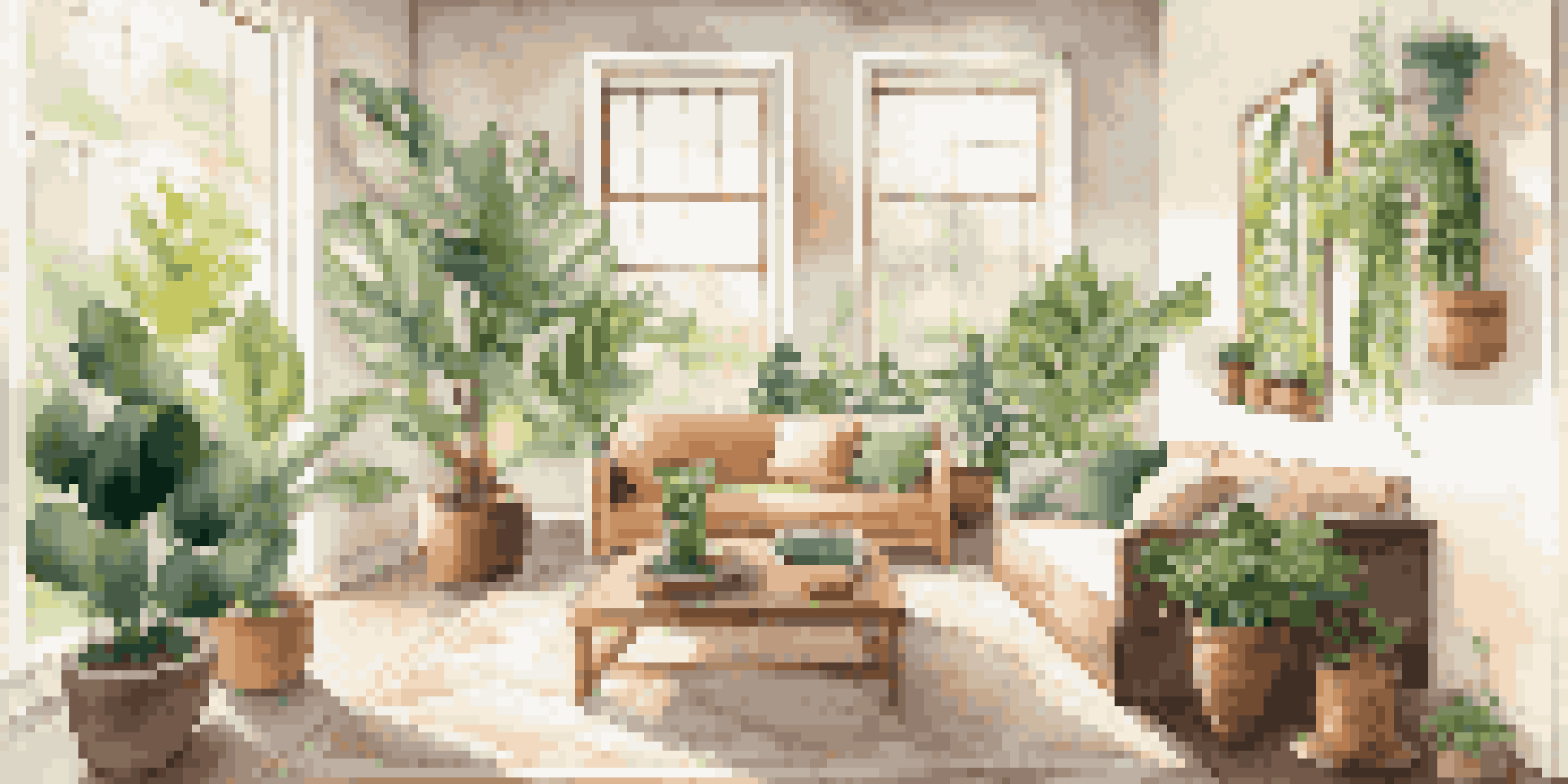 A bright and inviting living room filled with natural light, houseplants, and eco-friendly furnishings.
