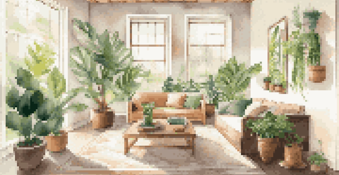 A bright and inviting living room filled with natural light, houseplants, and eco-friendly furnishings.