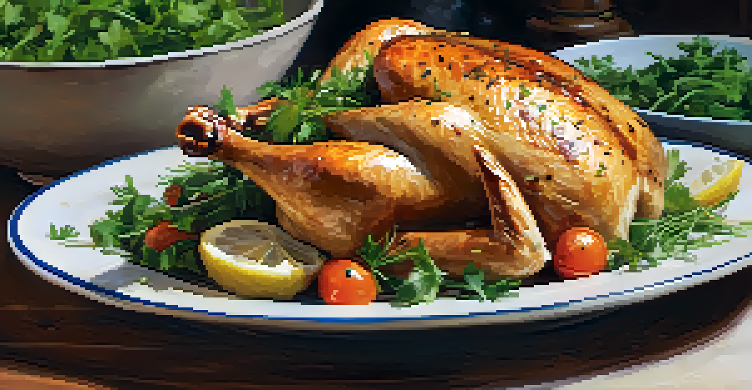 A close-up of a plated dish with roasted chicken seasoned with garlic, lemon, and thyme, garnished with fresh herbs, alongside a colorful salad in the background.