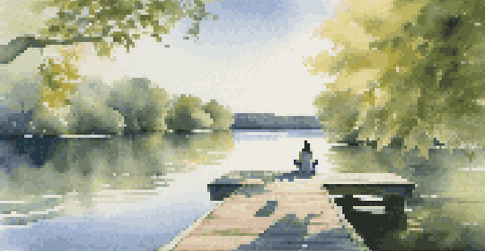 A peaceful scene of a person meditating on a dock by a calm lake, surrounded by trees and under a clear sky.