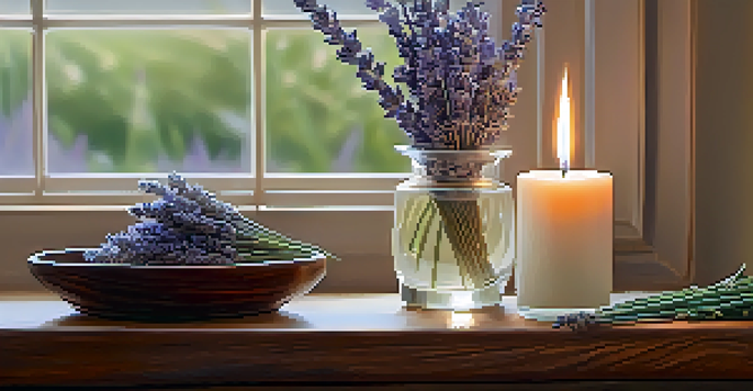 A calming aromatherapy setup with a wooden diffuser, lavender sprigs, and a lit candle, illuminated with warm lighting.