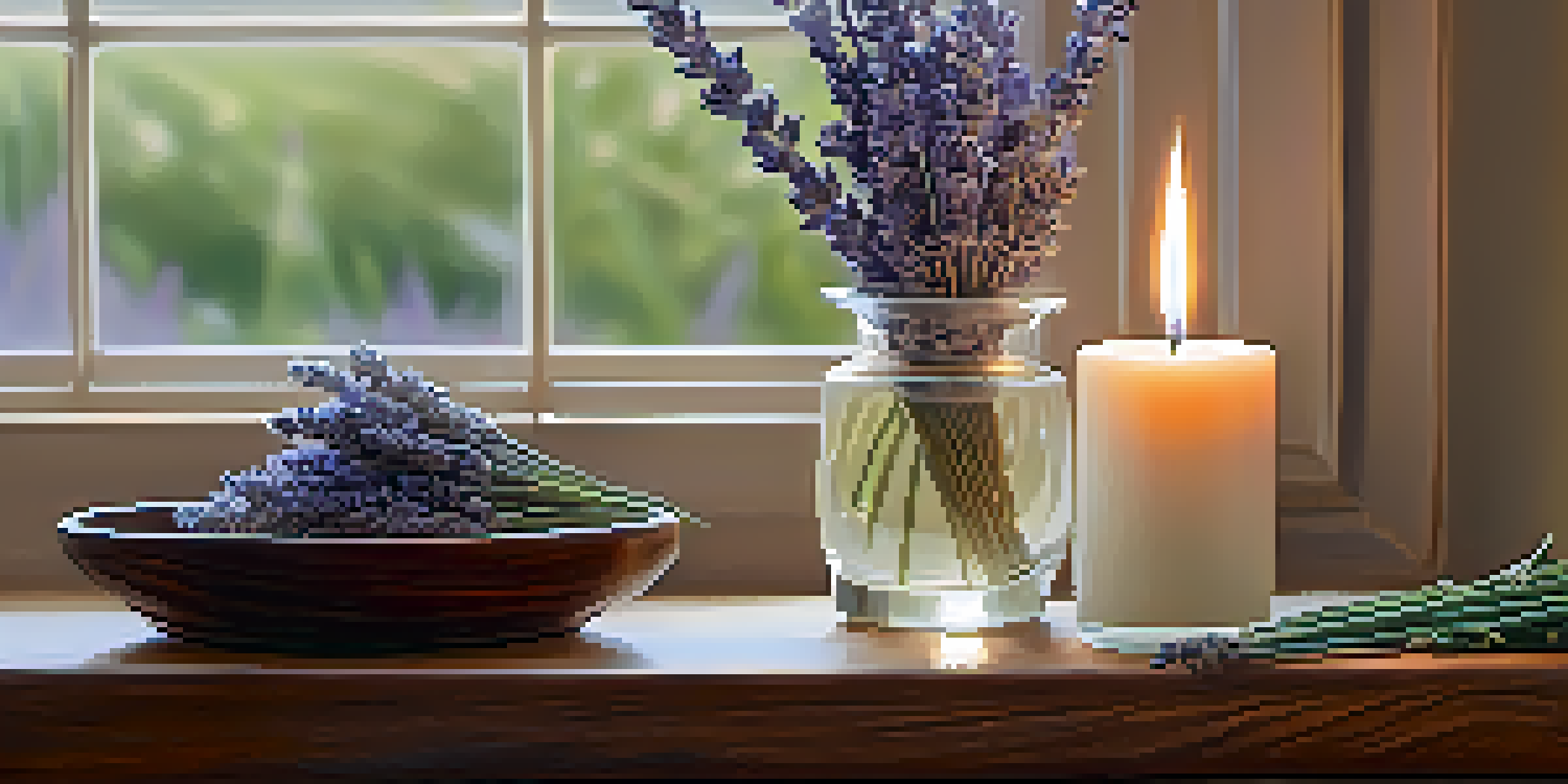 A calming aromatherapy setup with a wooden diffuser, lavender sprigs, and a lit candle, illuminated with warm lighting.