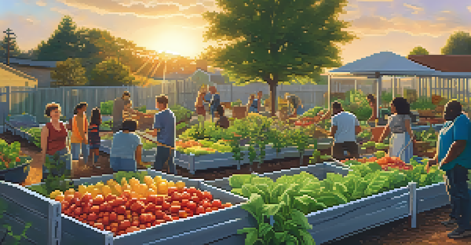 A diverse group of people in a community garden, harvesting fresh vegetables with a sunset backdrop, highlighting the connection between gardening and cooking.