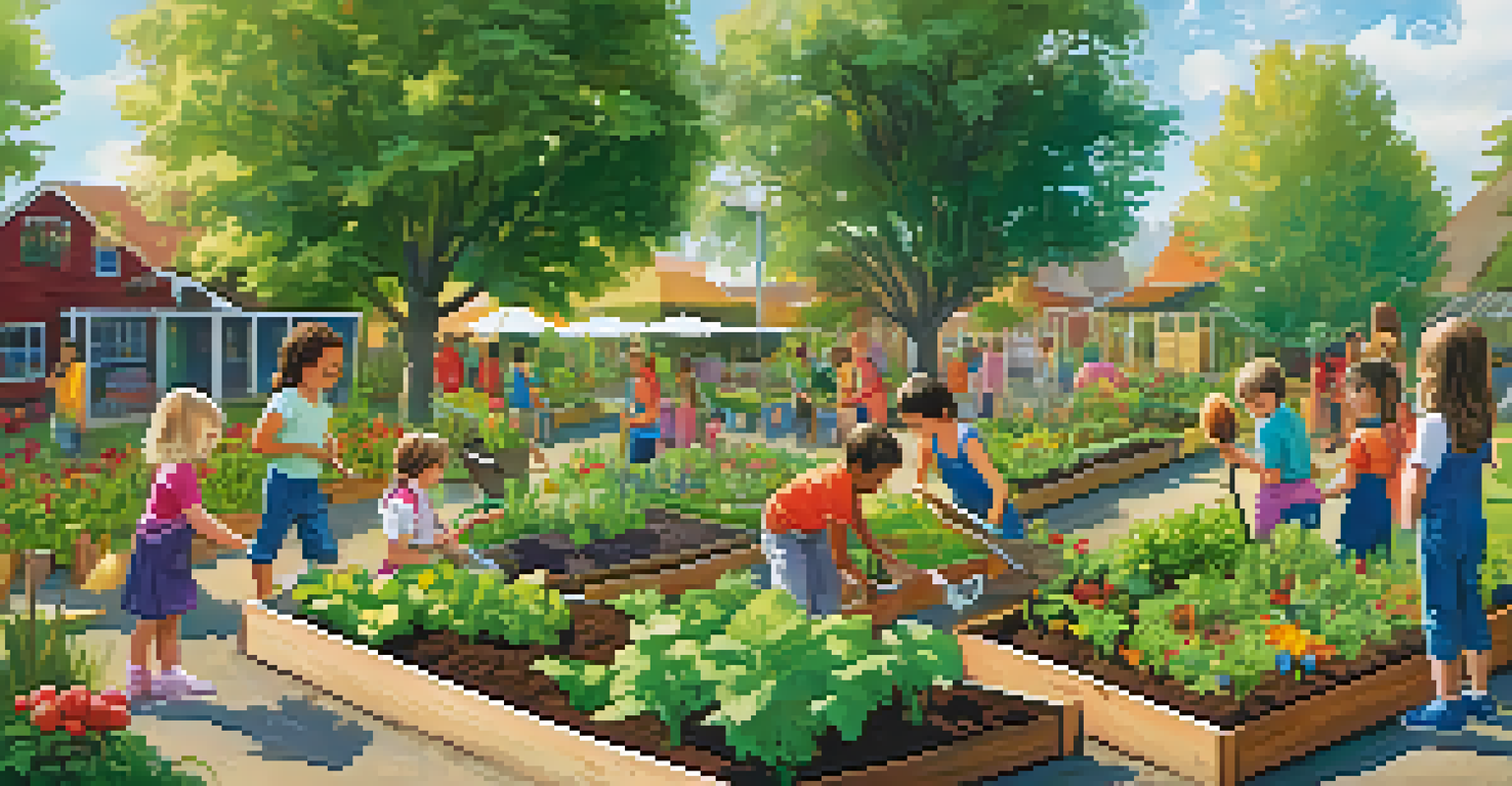 Children planting seeds in a vibrant community garden, enjoying the outdoors and learning about gardening.