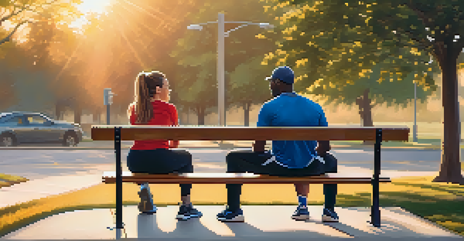 Two athletes conversing on a park bench during sunset, sharing recovery stories and emotional support.