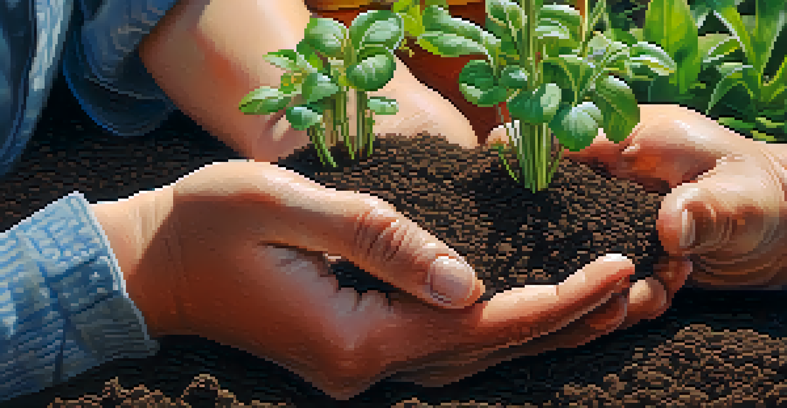 Close-up of hands nurturing seedlings in a garden, surrounded by colorful flowers.