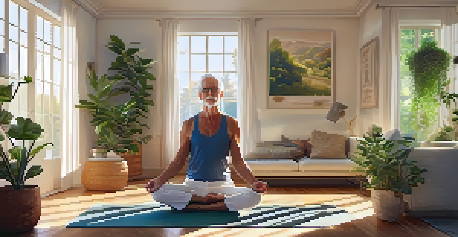 A senior man doing yoga in a bright living room filled with plants, promoting wellness and mindfulness.