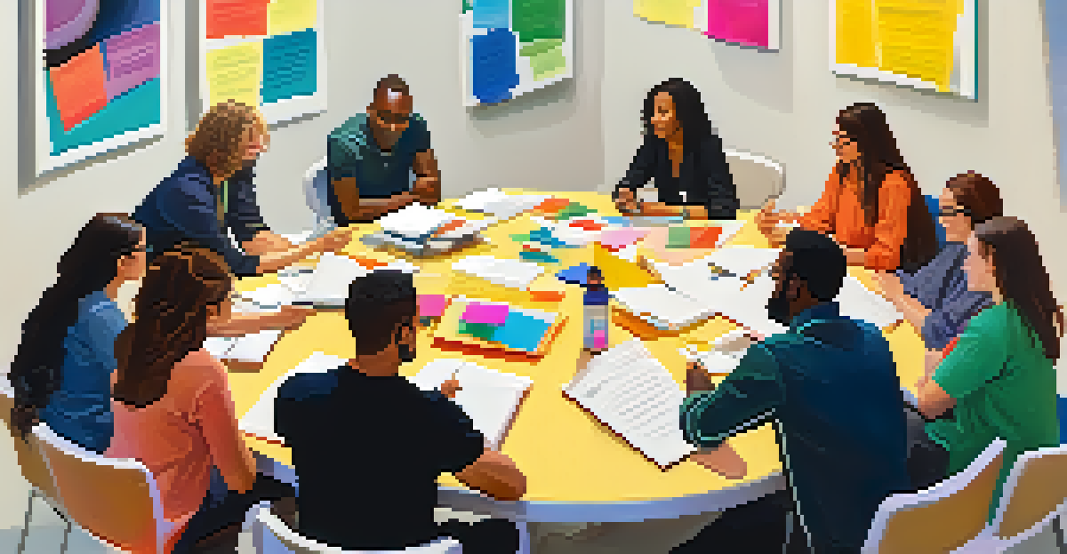 A group therapy brainstorming session with participants around a table, sharing ideas and strategies, in a bright and inviting room.