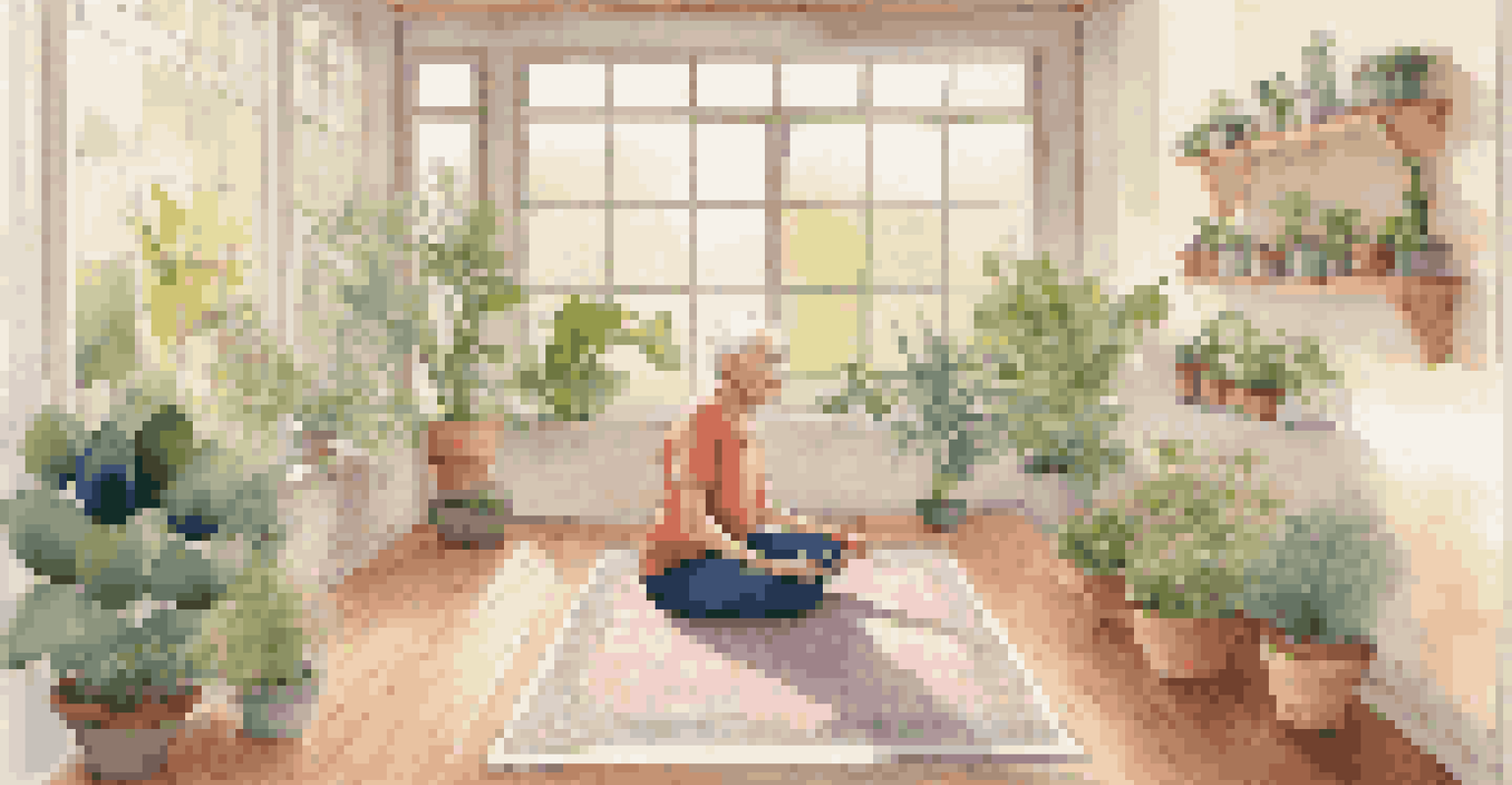 An elderly person practicing yoga in a bright living room with plants and a garden view.