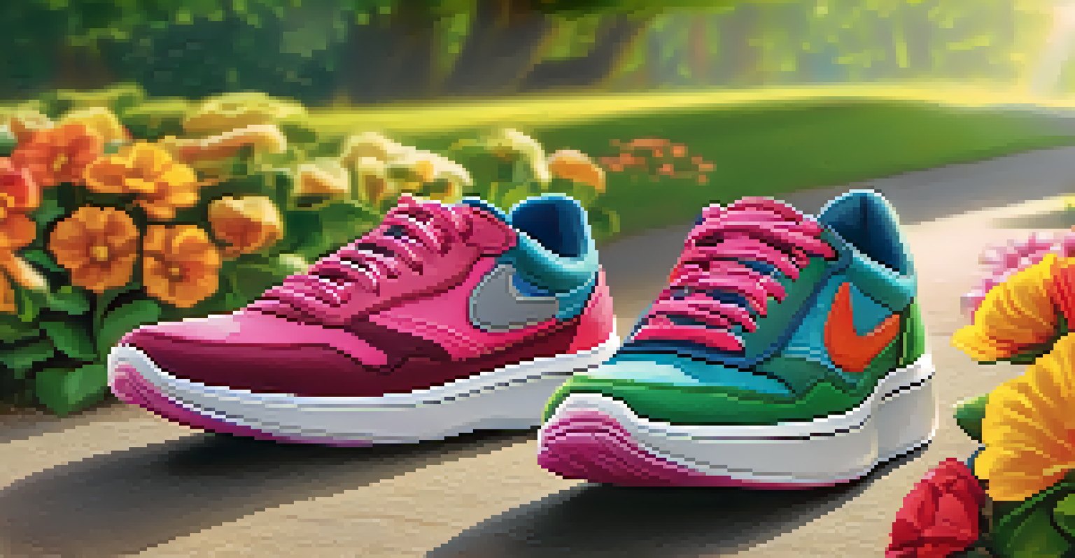 A close-up of colorful running shoes on a pathway, surrounded by flowers and greenery, with sunlight highlighting the textures and colors.