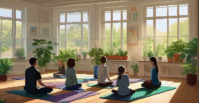 A classroom where a teacher leads students in mindfulness meditation, with plants and soft lighting creating a calm environment.