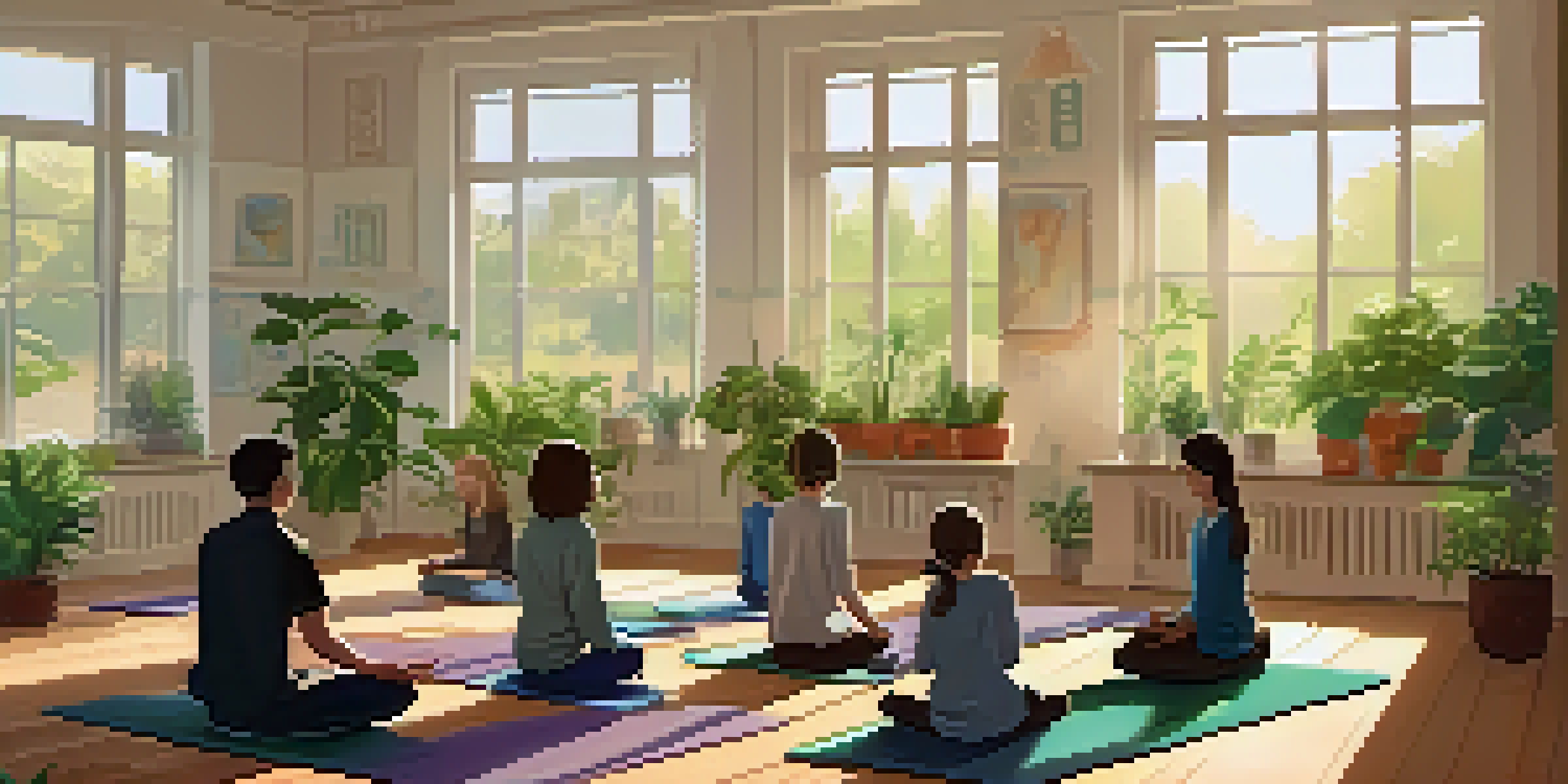 A classroom where a teacher leads students in mindfulness meditation, with plants and soft lighting creating a calm environment.