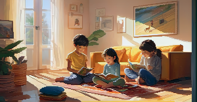 Two siblings playing a board game in a sunlit living room, surrounded by family photos and a cozy atmosphere.