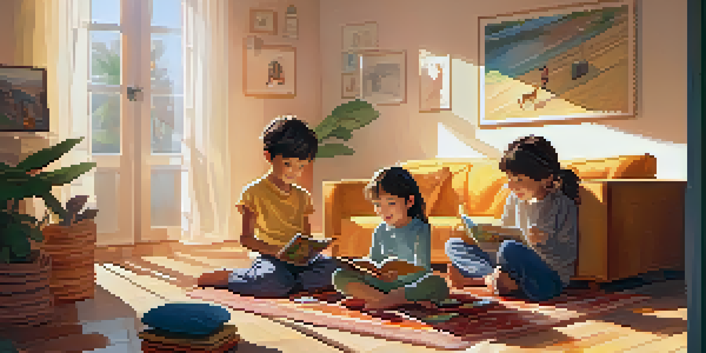 Two siblings playing a board game in a sunlit living room, surrounded by family photos and a cozy atmosphere.