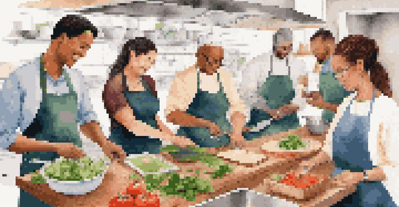 A vibrant cooking class with participants chopping vegetables and learning healthy cooking techniques in a bright kitchen.