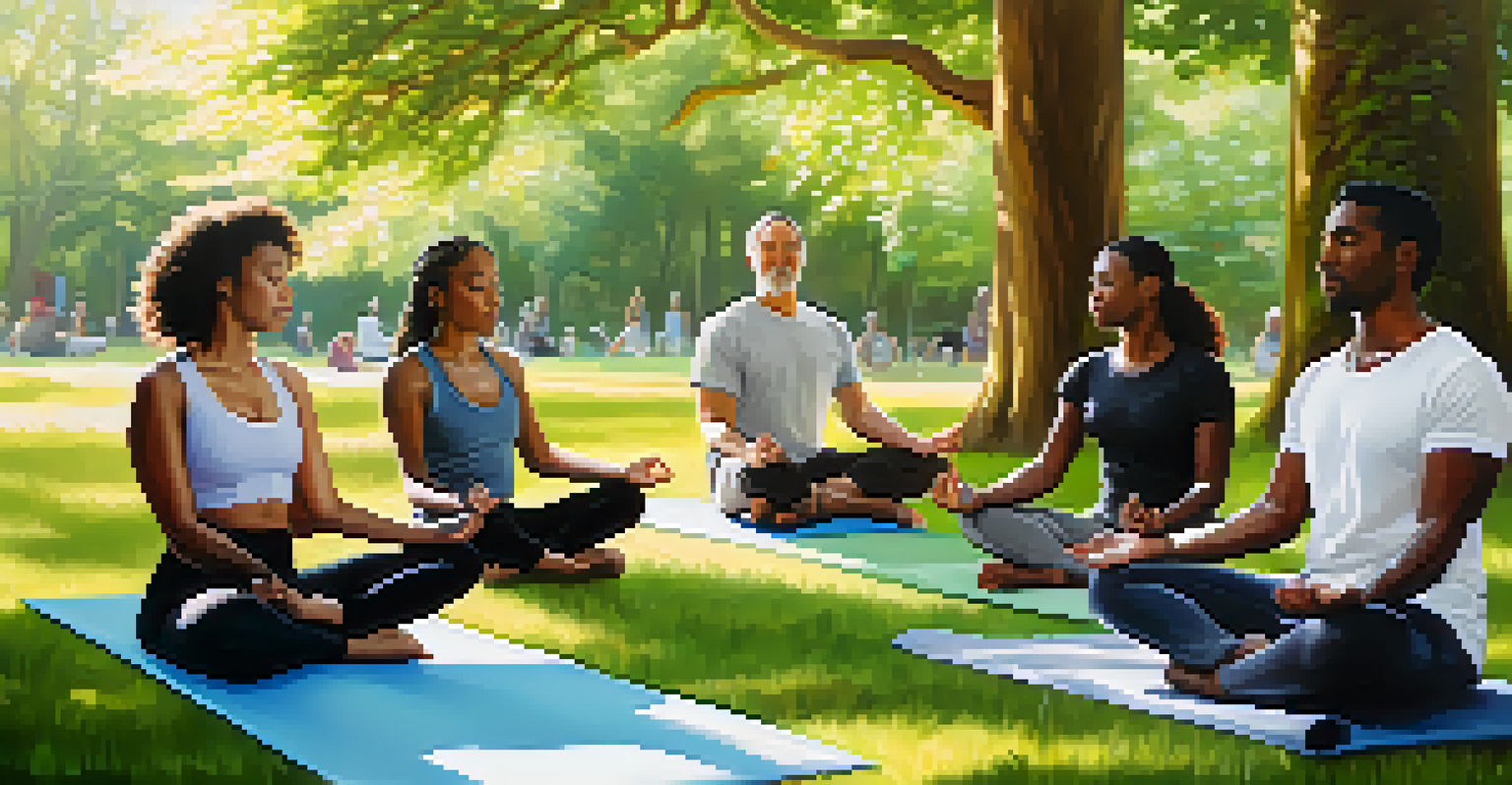 A diverse group of individuals practicing mindfulness in a tranquil park setting.