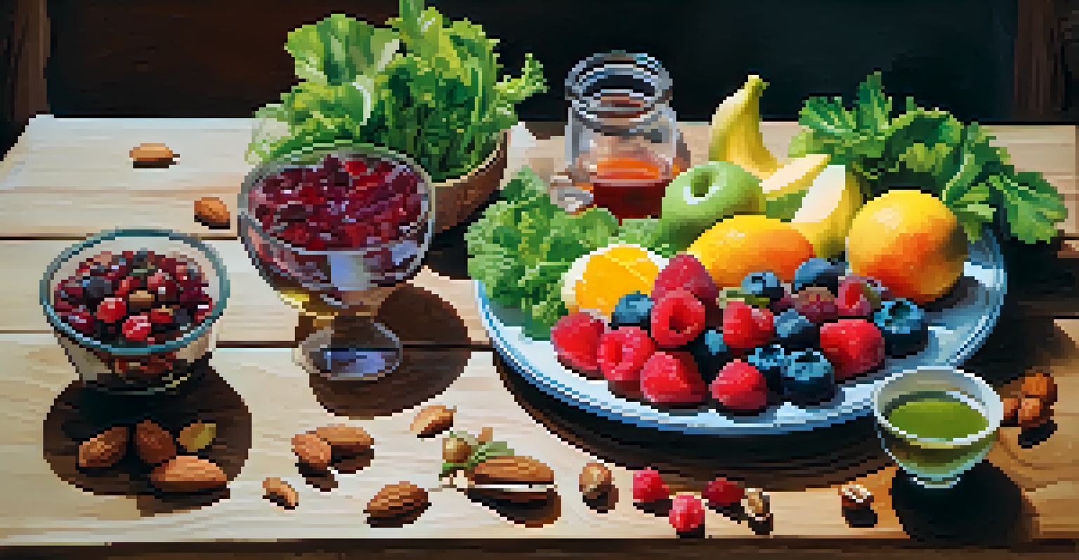 A vibrant plate of healthy foods including greens, nuts, and fruits on a wooden table.
