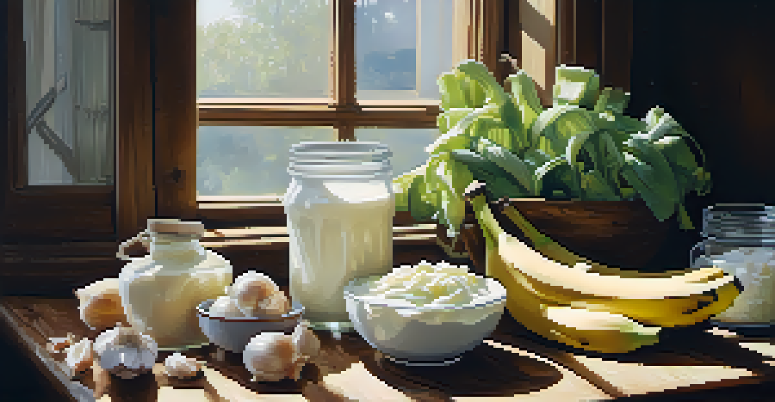 A wooden table displaying yogurt, sauerkraut, bananas, onions, and garlic, representing probiotics and prebiotics with natural light illuminating the scene.