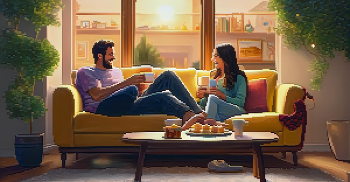 A couple laughing together on a couch in a warmly lit living room, watching a movie.