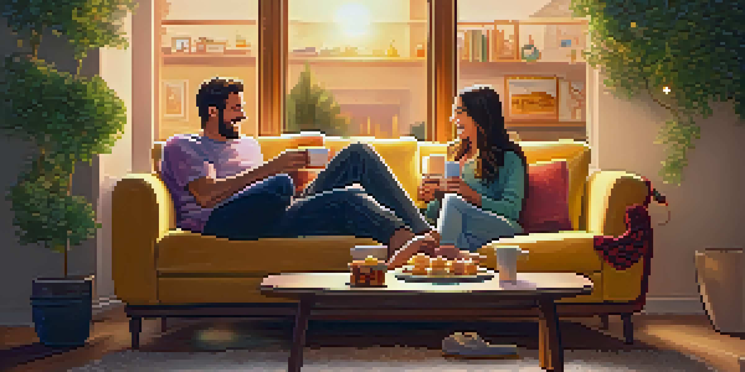 A couple laughing together on a couch in a warmly lit living room, watching a movie.