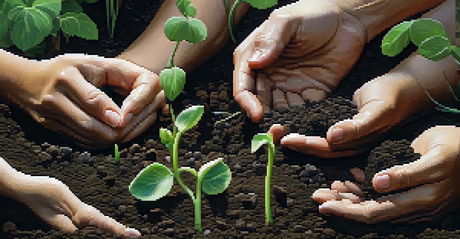 Close-up of hands planting seeds in rich soil, surrounded by gardening tools and small sprouts in a community garden.