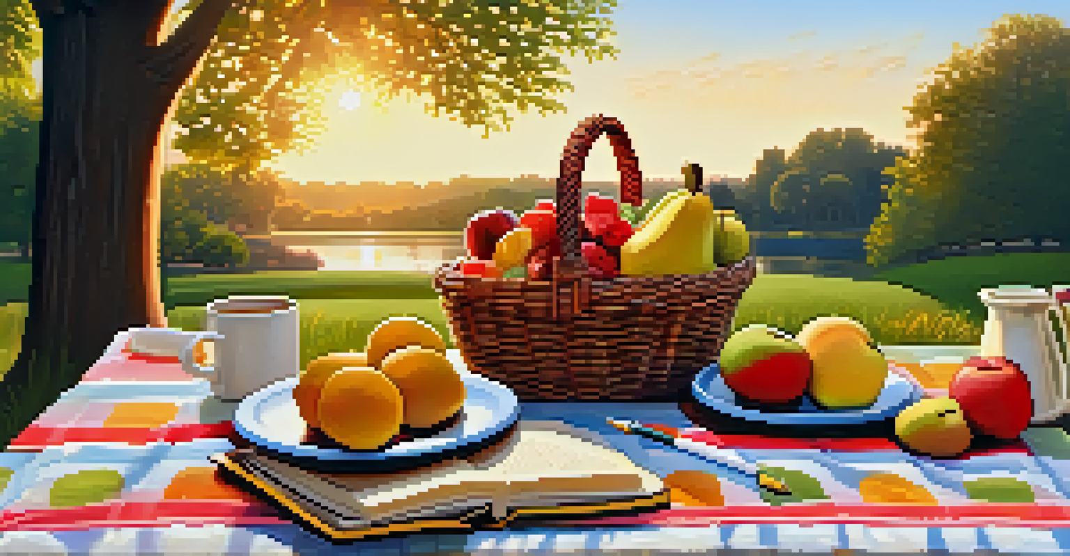 A picnic setup with a blanket, fruit basket, and an open journal on the grass, surrounded by trees and flowers during golden hour.