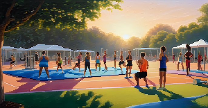 A diverse group of people exercising in an outdoor gym at sunrise, with activities like running, yoga, and weightlifting under soft morning light.