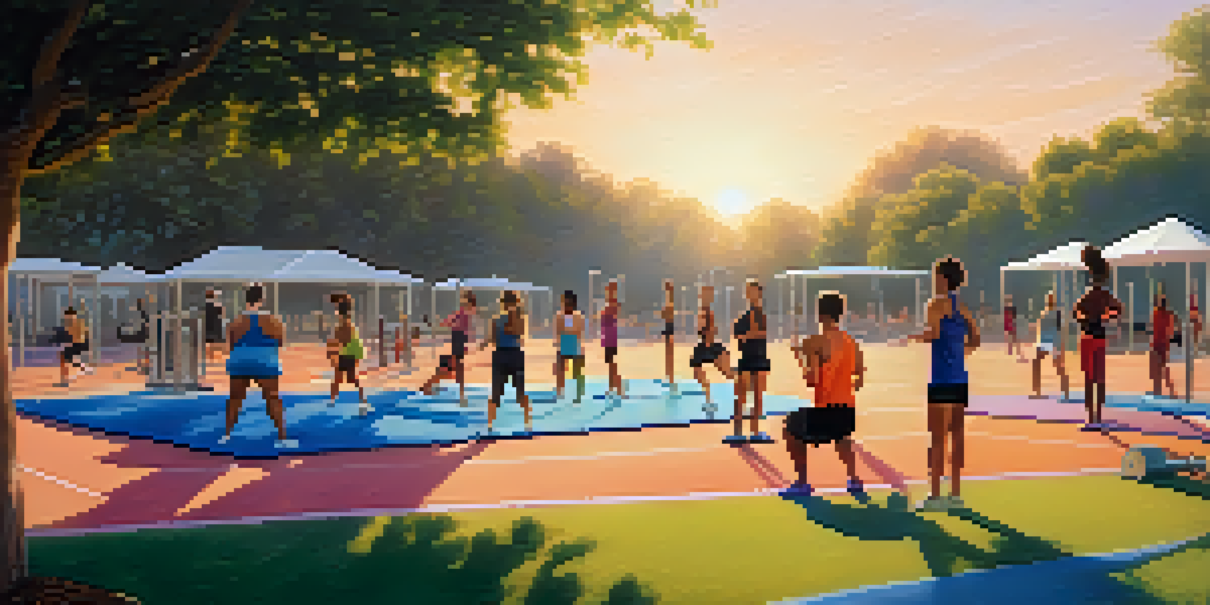 A diverse group of people exercising in an outdoor gym at sunrise, with activities like running, yoga, and weightlifting under soft morning light.