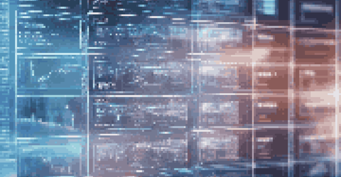 A digital ledger interface displaying blockchain technology with soft blue lighting, set against a blurred modern healthcare facility background.