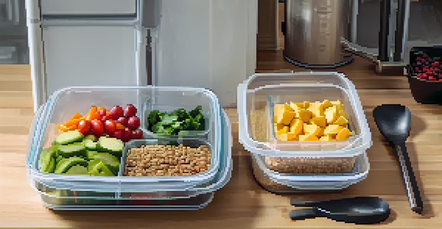 A meal prep container filled with balanced meals including proteins, grains, and vegetables, on a kitchen counter next to a measuring cup and a notebook for tracking nutrition.