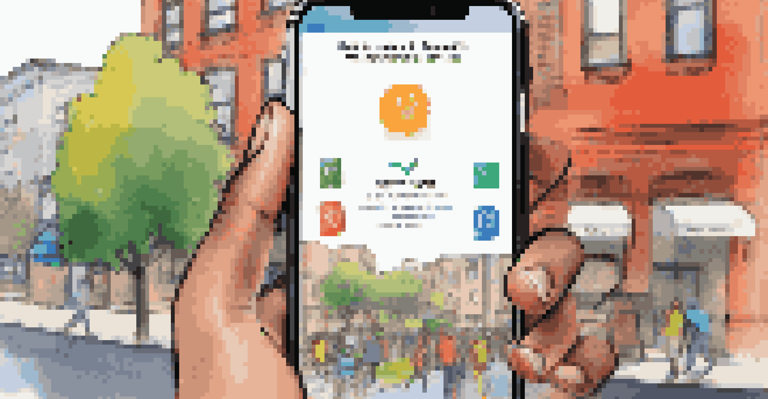A smartphone screen showing a community resource app with icons for shelters and mental health services, set against a blurred urban background.