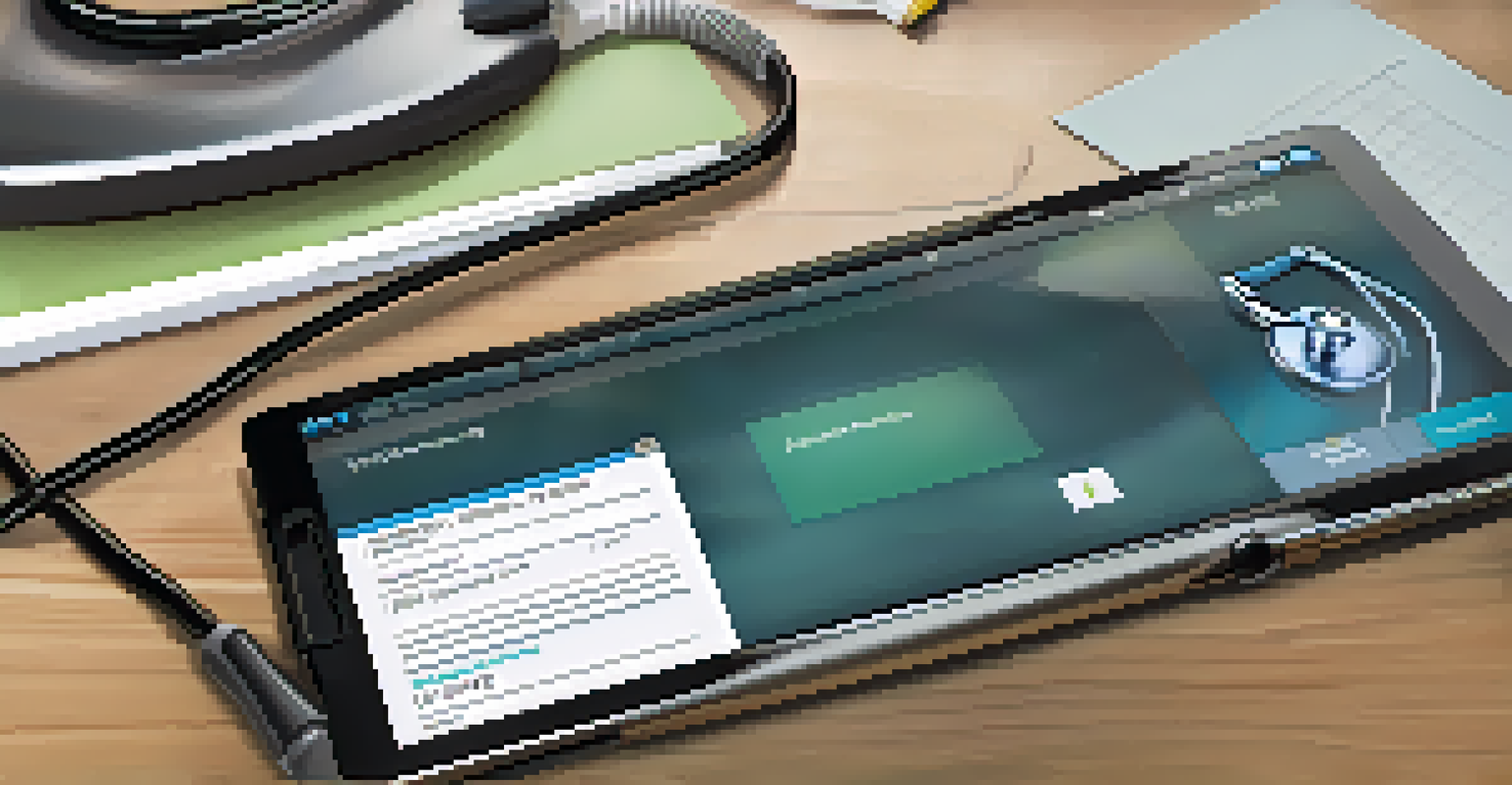 A close-up view of a smartphone showing a cloud-based electronic health record interface, with a stethoscope and notepad on a wooden desk.