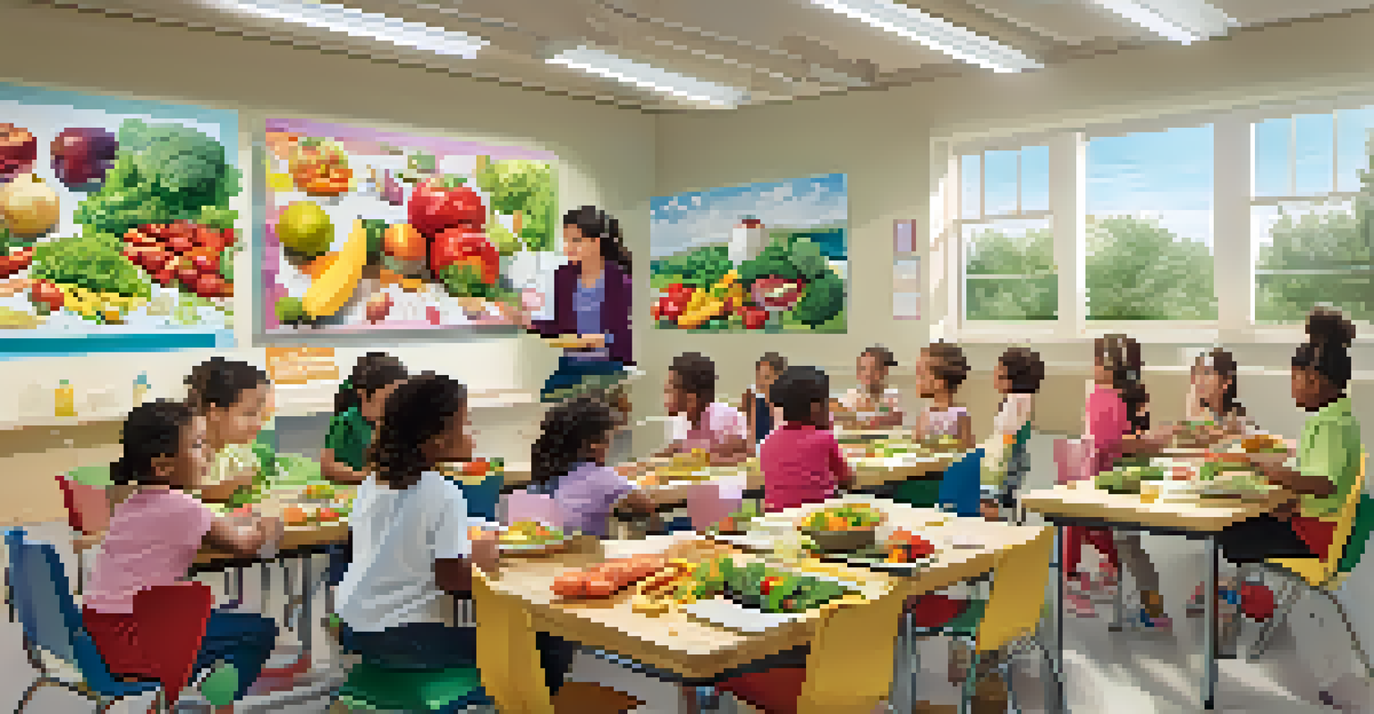 Children in a classroom learning about nutrition, actively making a salad with fresh vegetables, surrounded by educational posters about healthy eating.