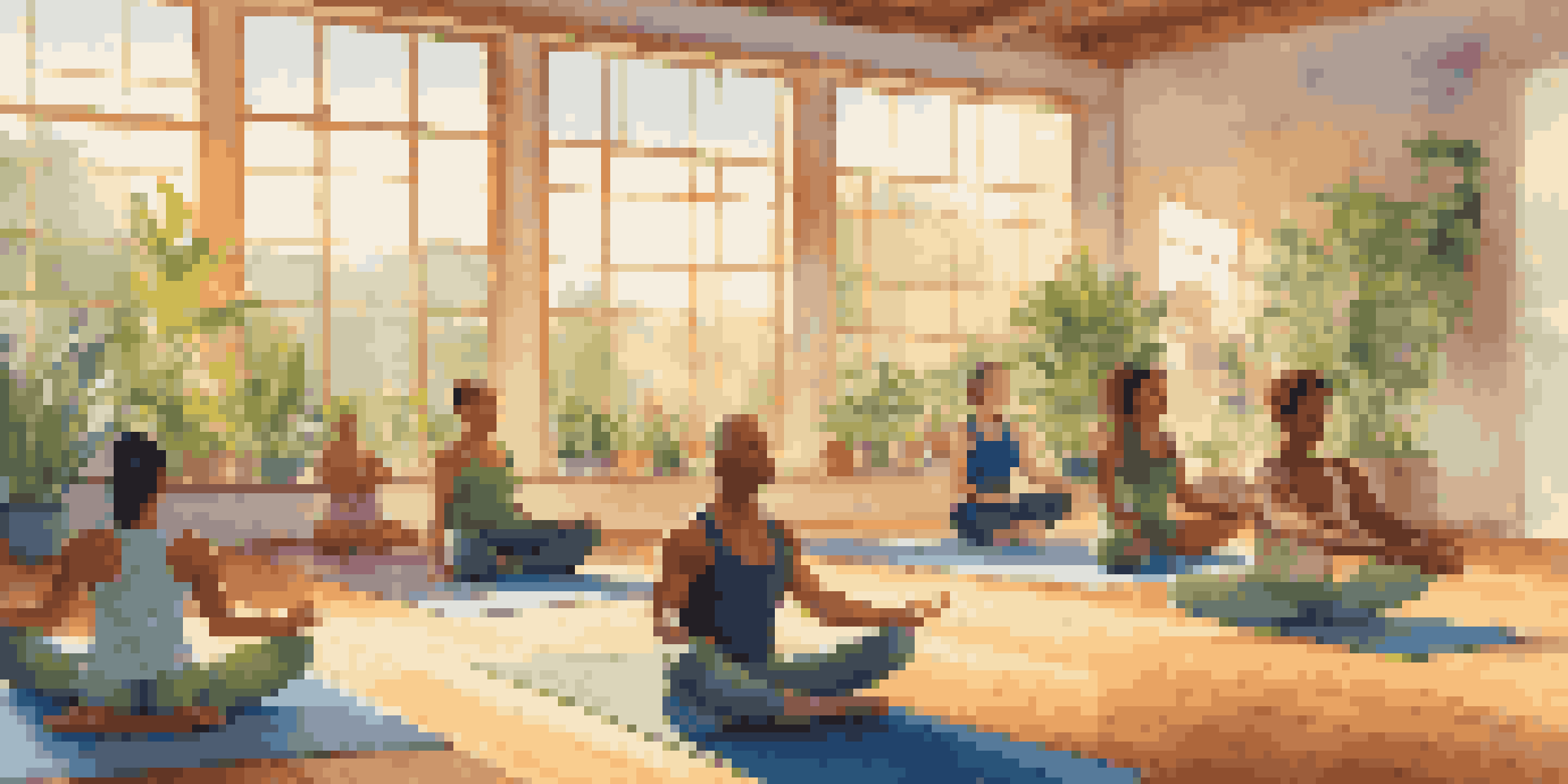 A diverse group of people practicing yoga in a sunlit room with wooden flooring and potted plants.