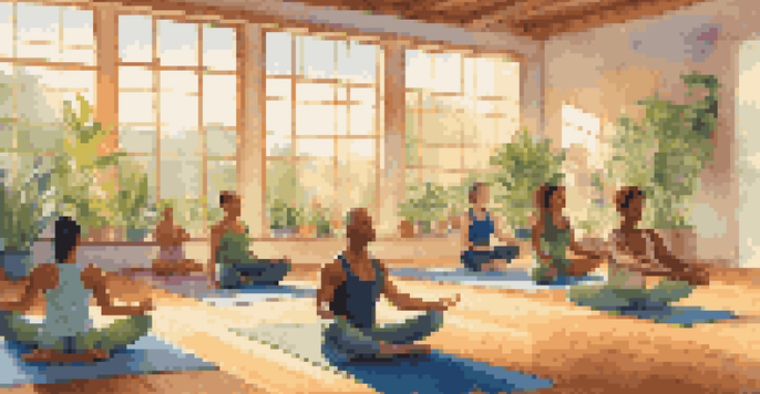 A diverse group of people practicing yoga in a sunlit room with wooden flooring and potted plants.