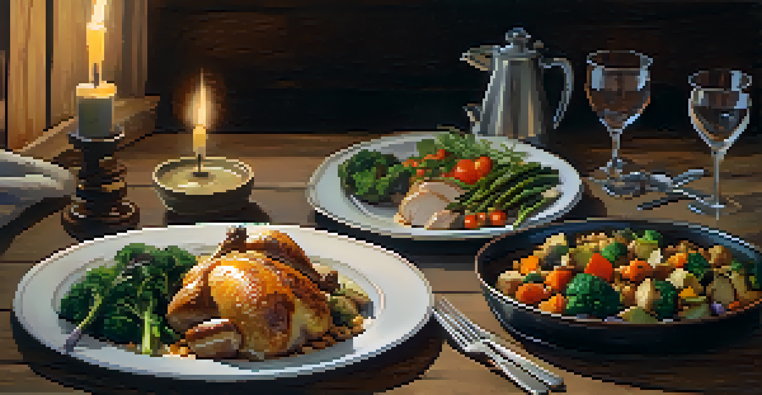 A one-pan dinner of roasted chicken and vegetables served on a rustic table, enhanced by warm candlelight.