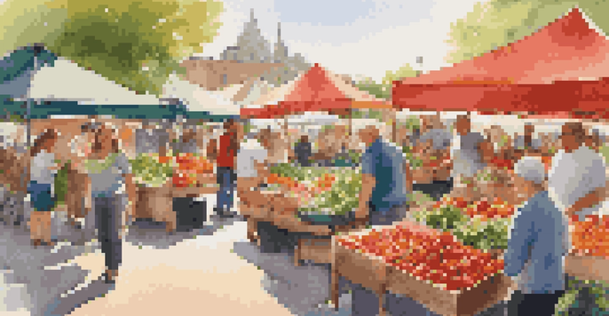 A bustling farmers' market with bright fruits and vegetables and people shopping.