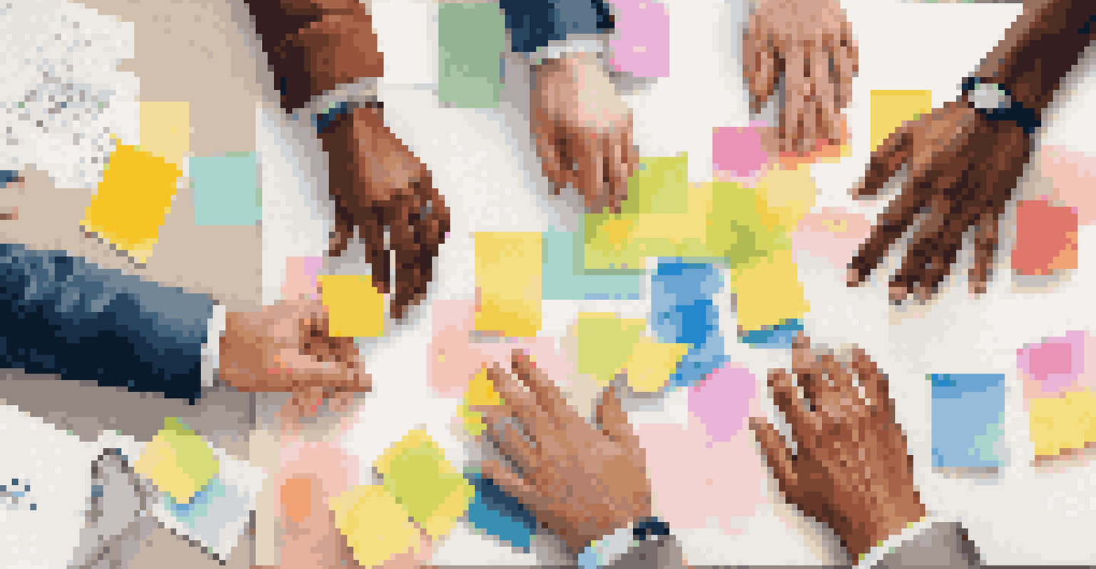 A close-up of diverse hands around a table holding colorful sticky notes, representing collaboration and open communication.