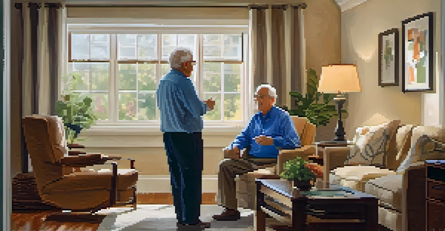 An older man having a conversation with a healthcare provider in a cozy living room.