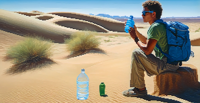 A traveler in a sunny desert landscape, holding a reusable water bottle under a clear blue sky.